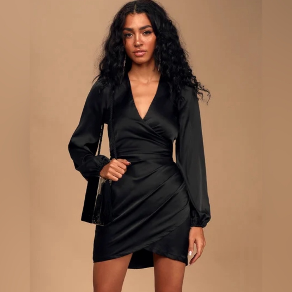 Lulu's Black Satin Long Sleeve Wrap Dress